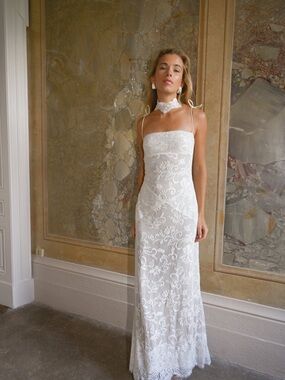 Strapless White Lace Maxi Dress with Lace Choker